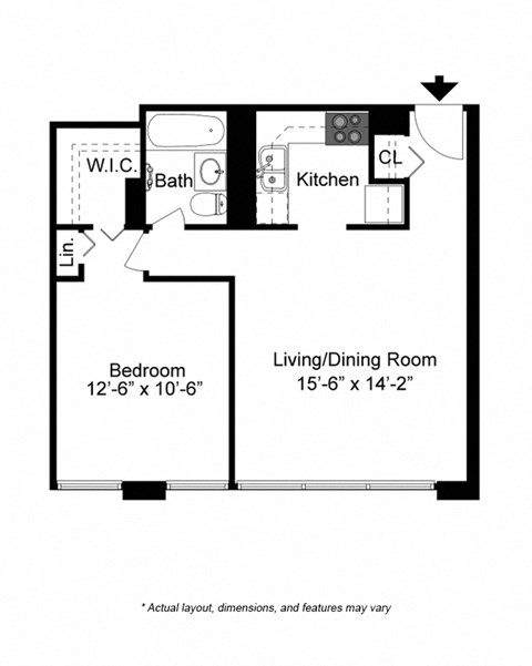 1 Bedroom floor plan at Studio floor plan at 2101 S. Michigan Apartments